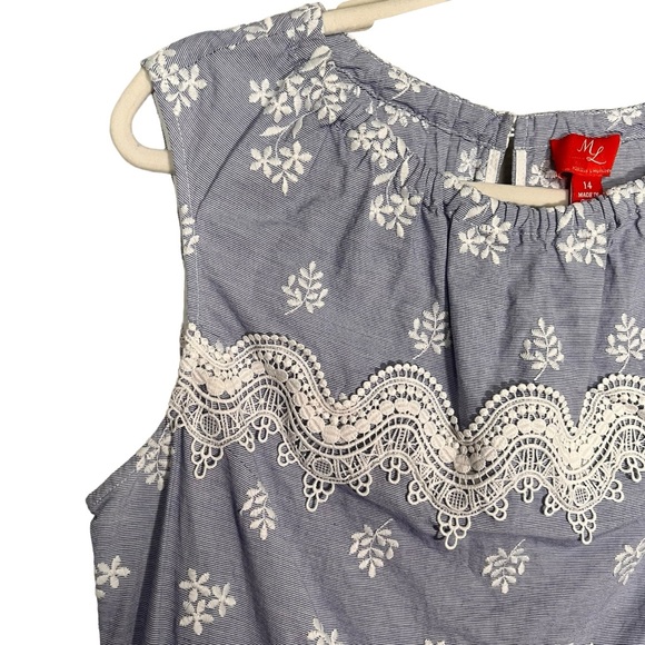 Monique Lhuillier Blue Sleeveless Embroidered Lace Poplin Midi Dress Size 14 - Picture 16 of 16